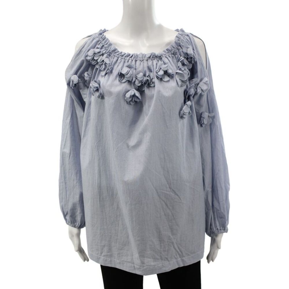 Gold Hawk Women Off Shoulder Striped Tunic Blouse Blue Long Sleeve Size M